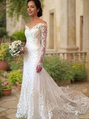 Trumpet/Mermaid Off-the-Shoulder Court Train Lace Corset Wedding Dresses With Appliques Lace outfit, Wedding Dress Strap