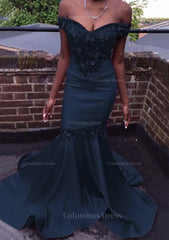 Trumpet/Mermaid Off-the-Shoulder Court Train Satin Corset Prom Dress With Beading Flowers outfit, Bridesmaid Dresses Satin