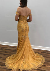 Trumpet/Mermaid Off-the-Shoulder Court Train Tulle Corset Prom Dress With Lace Appliqued Gowns, Party Dresses Australia