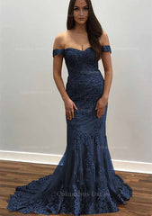 Trumpet/Mermaid Off-the-Shoulder Court Train Tulle Corset Prom Dress With Lace Appliqued Gowns, Party Dress Australian