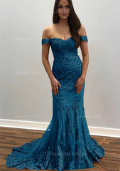 Trumpet/Mermaid Off-the-Shoulder Court Train Tulle Corset Prom Dress With Lace Appliqued Gowns, Party Dress Australia