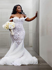 Trumpet/Mermaid Off-the-Shoulder Court Train Tulle Corset Wedding Dresses outfit, Wedding Dresses Vintage Bohemian