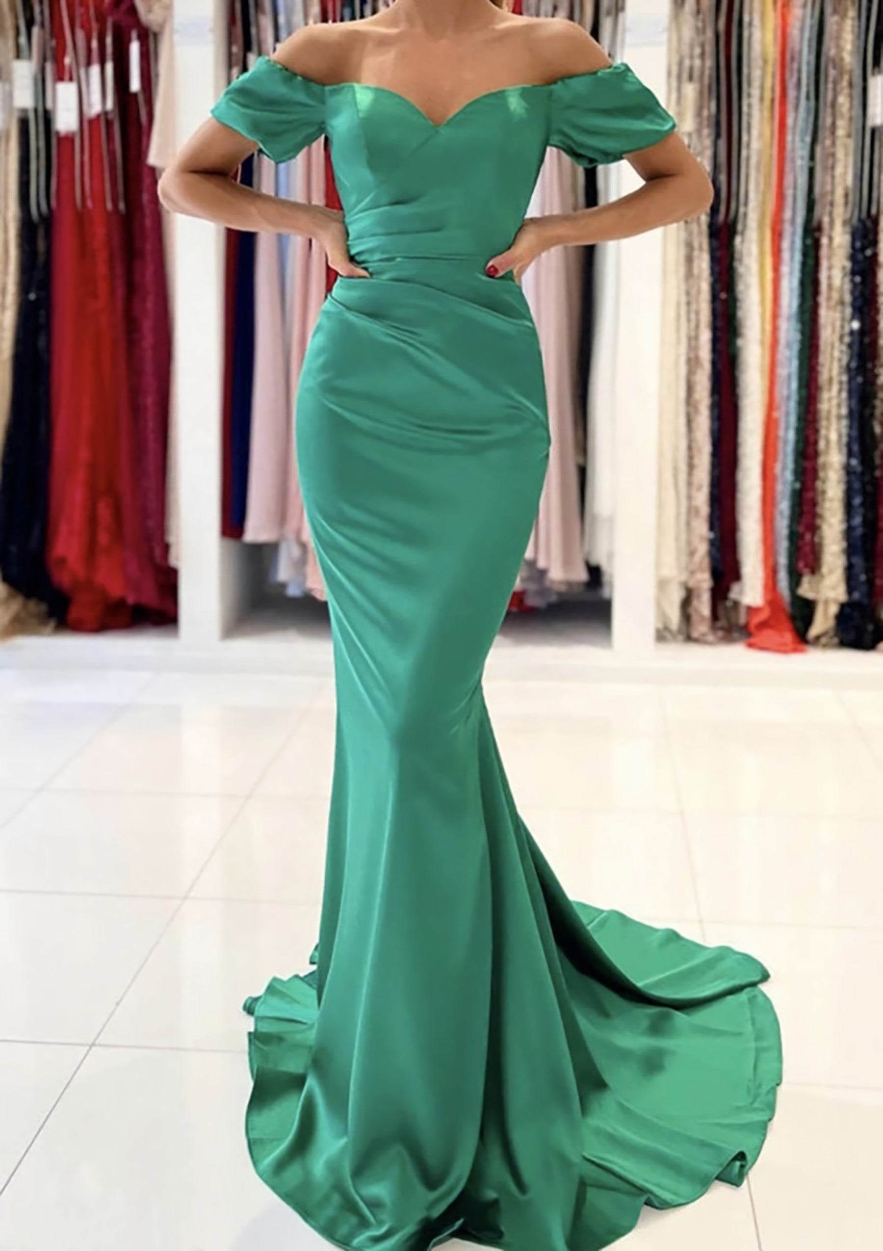 Trumpet/Mermaid Off-the-Shoulder Short Sleeve Satin Sweep Train Corset Prom Dress With Pleated Gowns, Prom Dress Colorful