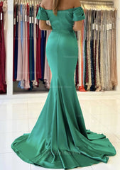 Trumpet/Mermaid Off-the-Shoulder Short Sleeve Satin Sweep Train Corset Prom Dress With Pleated Gowns, Prom Dress 2053