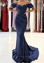 Trumpet/Mermaid Off-the-Shoulder Short Sleeve Satin Sweep Train Corset Prom Dress With Pleated Gowns, Prom Dresses 2053