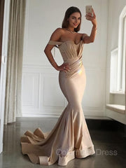 Trumpet/Mermaid Off-the-Shoulder Sweep Train Jersey Corset Prom Dresses With Ruffles Gowns, Bridesmaid Dresses Color Palette