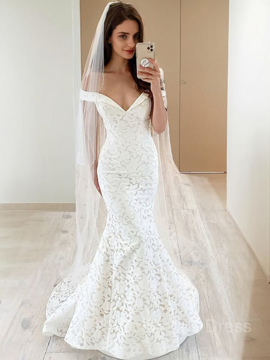 Trumpet/Mermaid Off-the-Shoulder Sweep Train Lace Corset Wedding Dresses outfit, Wedding Dress With Strap