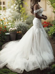 Trumpet/Mermaid Off-the-Shoulder Sweep Train Tulle Corset Wedding Dresses With Appliques Lace outfit, Wedding Dresses Fit
