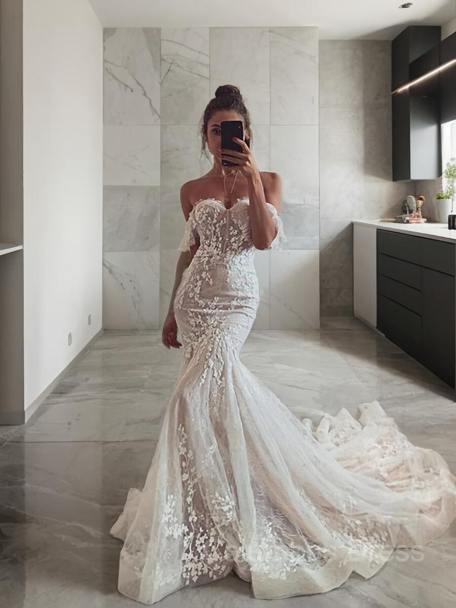 Trumpet/Mermaid Off-the-Shoulder Sweep Train Tulle Corset Wedding Dresses With Appliques Lace outfit, Wedding Dresses Back