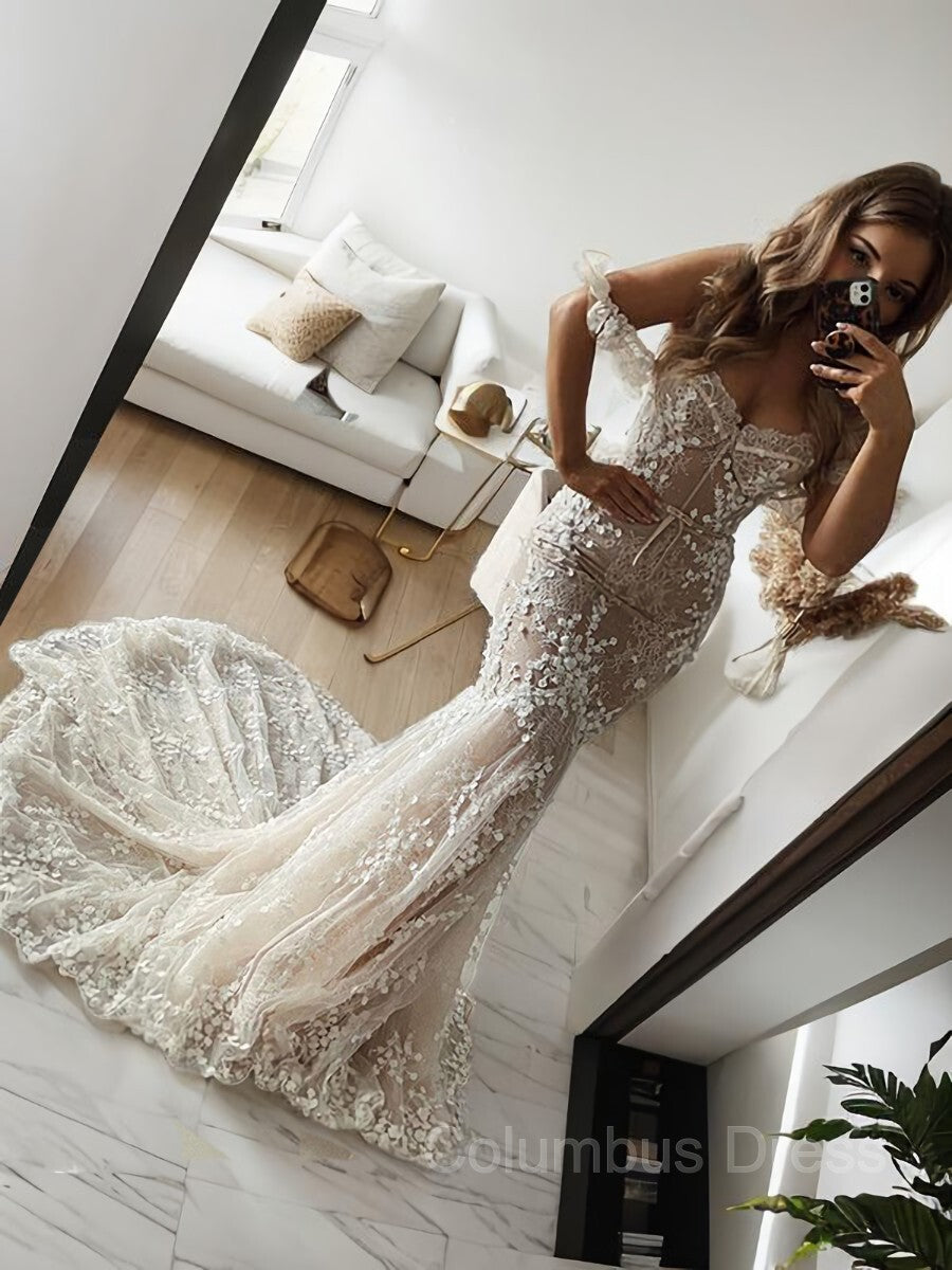 Trumpet/Mermaid Off-the-Shoulder Sweep Train Tulle Corset Wedding Dresses With Appliques Lace outfit, Wedding Dresse Beach
