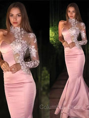 Trumpet/Mermaid One-Shoulder Sweep Train Elastic Woven Satin Corset Prom Dresses With Appliques Lace outfit, Party Dresses 2044