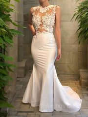 Trumpet/Mermaid Scoop Court Train Satin Corset Wedding Dresses With Appliques Lace outfit, Wedding Dresses Open Back
