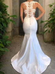 Trumpet/Mermaid Scoop Court Train Satin Corset Wedding Dresses With Appliques Lace outfit, Wedding Dress Open Back