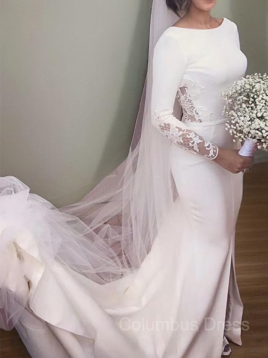 Trumpet/Mermaid Scoop Court Train Stretch Crepe Corset Wedding Dresses With Leg Slit outfit, Wedding Dresse Unique