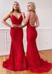 Trumpet/Mermaid Sleeveless Sweep Train Lace Corset Prom Dress With Pleated Gowns, Formal Dresses On Sale