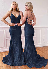 Trumpet/Mermaid Sleeveless Sweep Train Lace Corset Prom Dress With Pleated Gowns, Formal Dress On Sale
