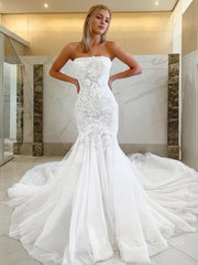 Trumpet/Mermaid Strapless Cathedral Train Tulle Corset Wedding Dresses With Appliques Lace outfit, Wedding Dresse Beach