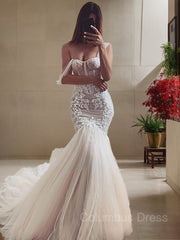 Trumpet/Mermaid Straps Cathedral Train Tulle Corset Wedding Dresses With Appliques Lace outfit, Wedding Dress Perfect For Summer