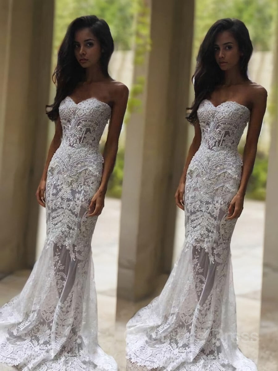 Trumpet/Mermaid Sweetheart Court Train Lace Corset Wedding Dresses With Appliques Lace outfit, Wedding Dress With Pockets