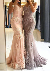 Trumpet/Mermaid Sweetheart Sleeveless Long/Floor-Length Tulle Corset Prom Dress With Appliqued Gowns, Bridesmaid Dresses Color Palette