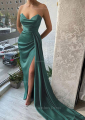 Trumpet/Mermaid Sweetheart Strapless Court Train Satin Corset Prom Dress With Pleated Split outfit, Prom Dresses 32