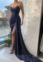 Trumpet/Mermaid Sweetheart Strapless Court Train Satin Corset Prom Dress With Pleated Split outfit, Prom Dress 32
