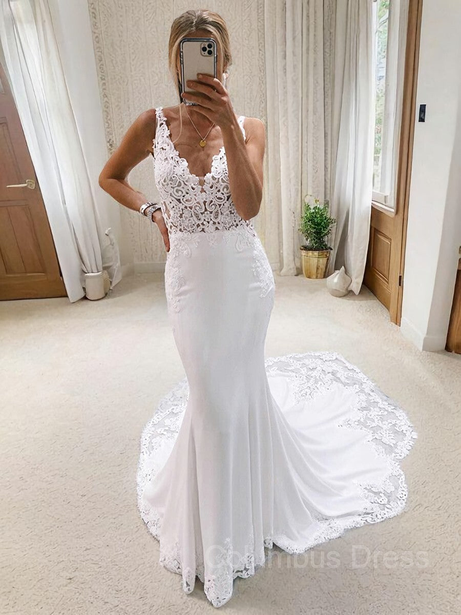 Trumpet/Mermaid V-neck Cathedral Train Stretch Crepe Corset Wedding Dresses With Appliques Lace outfit, Wedding Dress 2027