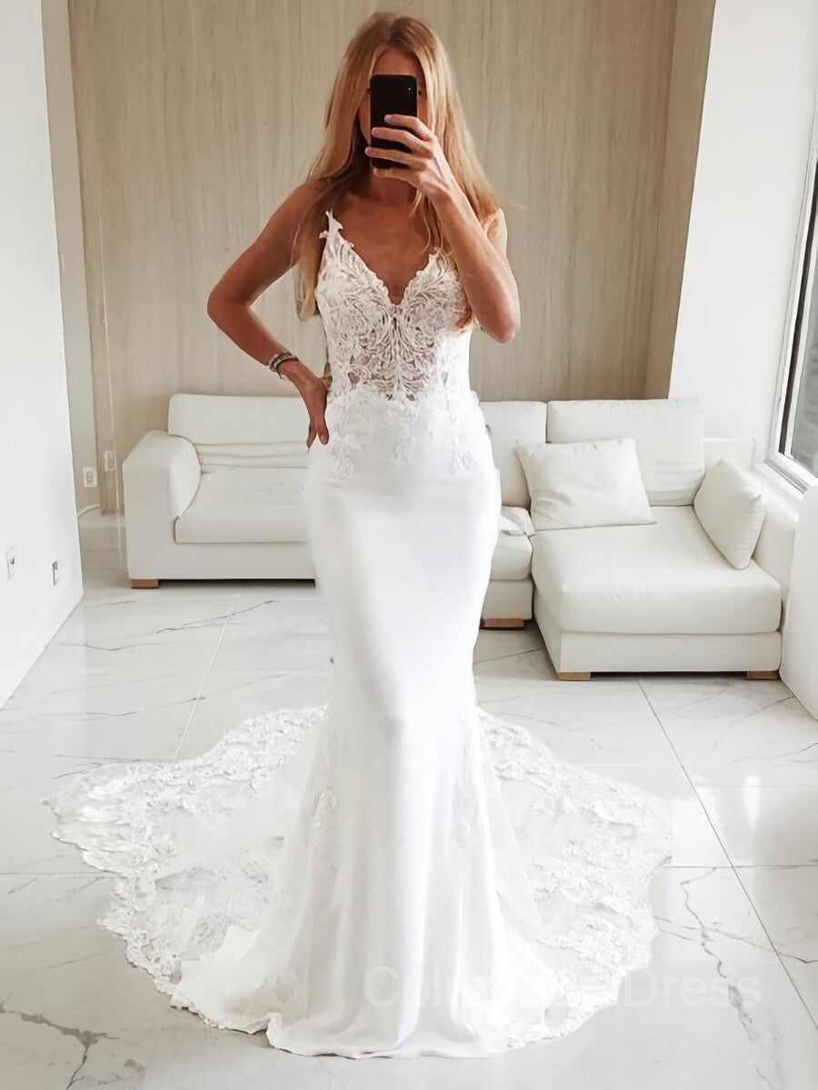 Trumpet/Mermaid V-neck Cathedral Train Stretch Crepe Corset Wedding Dresses With Appliques Lace outfit, Wedsing Dress Simple