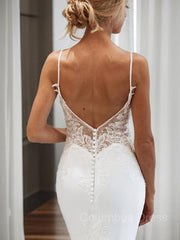 Trumpet/Mermaid V-neck Cathedral Train Stretch Crepe Corset Wedding Dresses With Appliques Lace outfit, Weddings Dresses Online