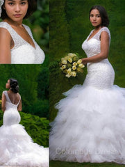 Trumpet/Mermaid V-neck Cathedral Train Tulle Corset Wedding Dresses With Beading outfit, Wedding Dress Outlet Near Me