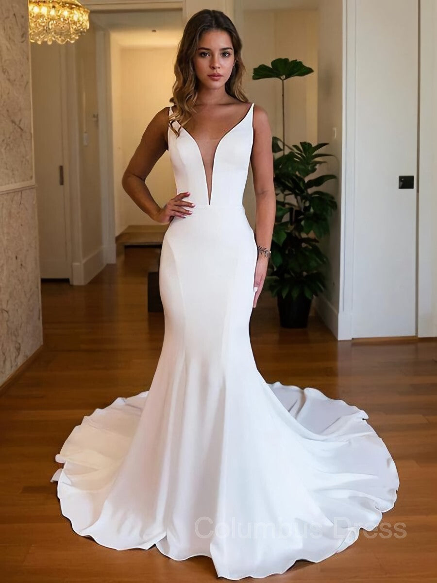 Trumpet/Mermaid V-neck Chapel Train Charmeuse Corset Wedding Dresses outfit, Wedding Dress Prices