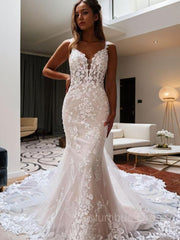 Trumpet/Mermaid V-neck Cathedral Train Tulle Corset Wedding Dress with Appliques Lace outfit, Wedding Dresses Trending