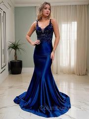 Trumpet/Mermaid V-neck Court Train Elastic Woven Satin Corset Prom Dresses With Appliques Lace outfit, Prom Dress Sale