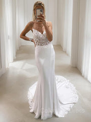 Trumpet/Mermaid V-neck Court Train Stretch Crepe Corset Wedding Dresses With Appliques Lace outfit, Wedding Dress Dress