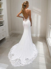 Trumpet/Mermaid V-neck Court Train Stretch Crepe Corset Wedding Dresses With Appliques Lace outfit, Wedding Dresses Bride