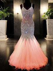 Trumpet/Mermaid V-neck Floor-Length Tulle Corset Prom Dresses With Rhinestone outfits, Bridesmaids Dresses Fall Colors