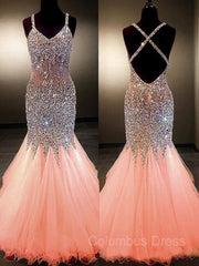 Trumpet/Mermaid V-neck Floor-Length Tulle Corset Prom Dresses With Rhinestone outfits, Bridesmaid Dresses Fall Color