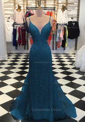 Trumpet/Mermaid V Neck Sleeveless Court Train Lace Tulle Corset Prom Dress outfits, Corset Prom Dress