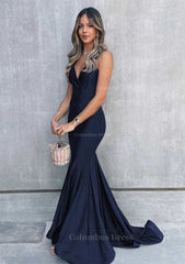 Trumpet/Mermaid V Neck Sleeveless Sweep Train Jersey Corset Prom Dress outfits, Prom Dressed Ball Gown