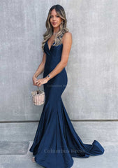 Trumpet/Mermaid V Neck Sleeveless Sweep Train Jersey Corset Prom Dress outfits, Prom Dresses Ball Gowns