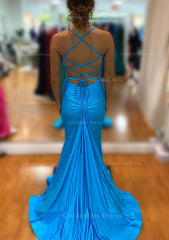 Trumpet/Mermaid V Neck Sleeveless Sweep Train Jersey Corset Prom Dress With Pleated Gowns, Bridesmaid Dresses With Lace