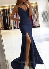 Trumpet/Mermaid V Neck Sleeveless Sweep Train Satin Corset Prom Dress outfits, Prom Dresses Photos Gallery