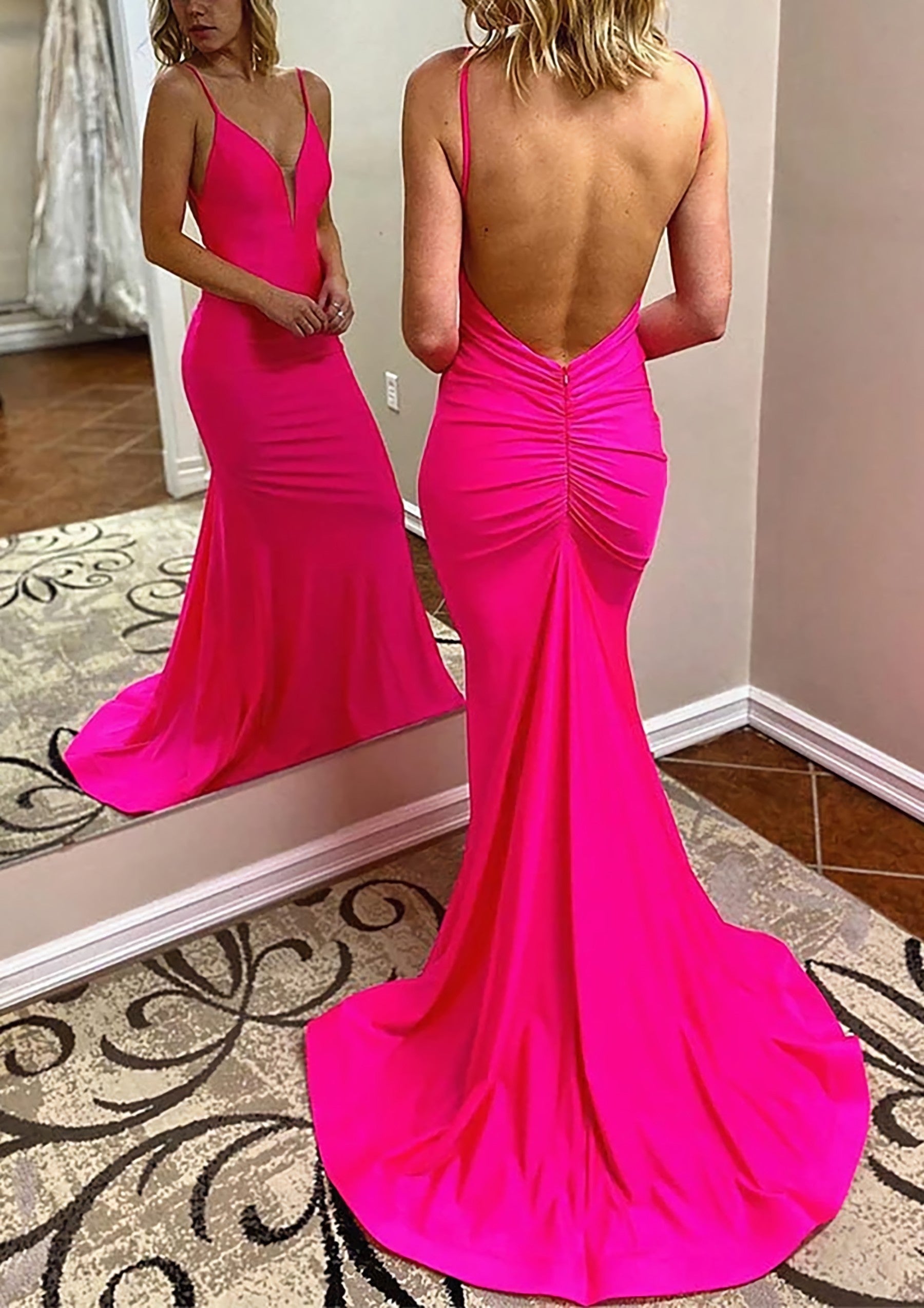 Trumpet/Mermaid V Neck Spaghetti Straps Court Train Jersey Corset Prom Dress With Pleated Gowns, Prom Dresses Cute