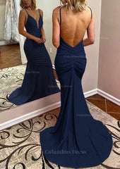 Trumpet/Mermaid V Neck Spaghetti Straps Court Train Jersey Corset Prom Dress With Pleated Gowns, Prom Dresses Open Back