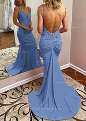 Trumpet/Mermaid V Neck Spaghetti Straps Court Train Jersey Corset Prom Dress With Pleated Gowns, Prom Dresses2021