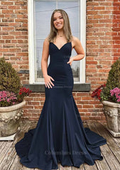 Trumpet/Mermaid V Neck Spaghetti Straps Sweep Train Satin Corset Prom Dress outfits, Prom Dresses 2053 Long Sleeve