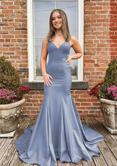Trumpet/Mermaid V Neck Spaghetti Straps Sweep Train Satin Corset Prom Dress outfits, Prom Dresses Blue Lace