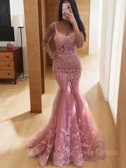 Trumpet/Mermaid V-neck Sweep Train Lace Corset Prom Dresses With Appliques Lace outfit, Cocktail Dress