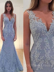 Trumpet/Mermaid V-neck Sweep Train Lace Corset Prom Dresses With Appliques Lace outfit, Prom Dresses Princess Style