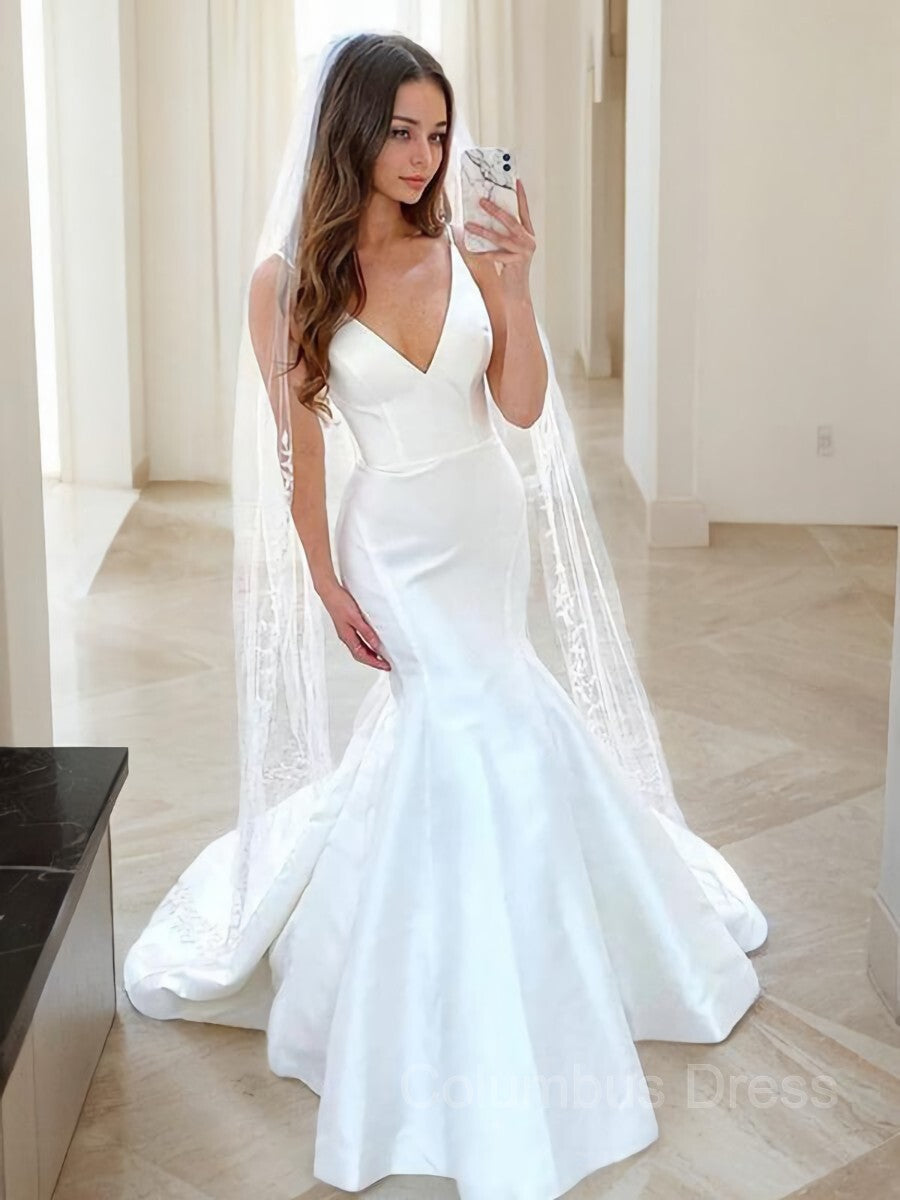 Trumpet/Mermaid V-neck Sweep Train Satin Corset Wedding Dresses outfit, Wedding Dress Long Sleeves